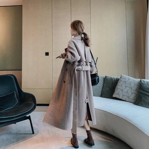 Plaid woolen temperament coat womens fashion 2020 autumn and winter new style belt over the knee thick long double breasted