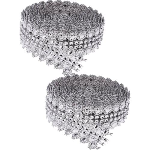 Phenovo 2pcs 5 Yards Flower Rhinestone Chain Ribbon Trim Sewing Applique Silver