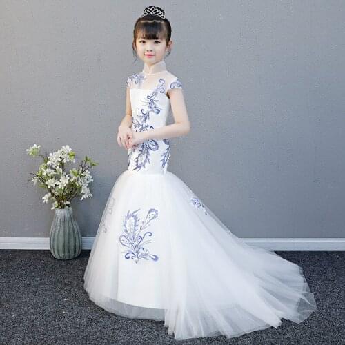 Girl Cheongsam White Children Guzheng Piano Tailing Evening Dress Katoen Kids Traditional Chinese New Year Costume Princess Prom