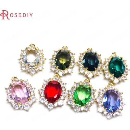 4PCS 18x24MM 24K Champagne Gold Color Brass and Zircon and Glass Oval Shape Charms Pendants Jewelry Making Supplies Diy Findings