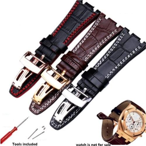HIgh quality genuine Leather Double stitch Notch end Folding Buckle watch band for AP Ro yal O ak Offshore Strap lug 28mm