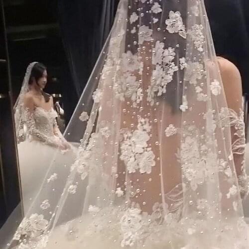 Luxury Fairy Lace Pearl Beading 3M Long Wedding Veils 1 Layer Champange Church Bridal Veil With Pearls For Women Velos De Novia