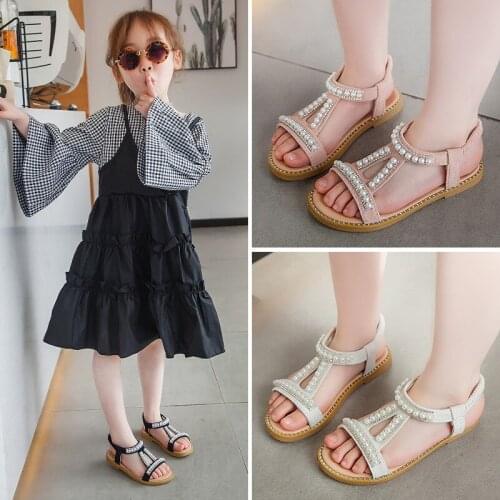 2021 Summer New Girls Pearl Sandals Toddler Korean Open-toed Princess Sandals Fashion Suede Kids Children Beach Shoes Size 21-30