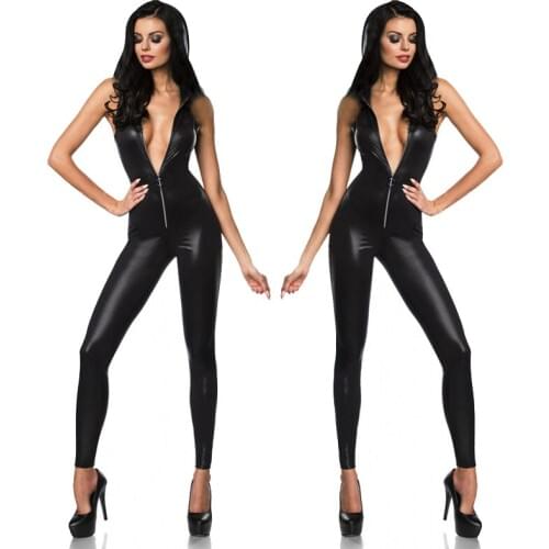 Sexy Women Faux Leather Catsuit Wetlook Jumpsuit Front Zipper Stretch Clubwear Erotic Black PU Bodysuit Pole Dance Costume