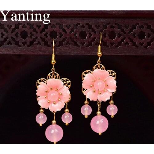 Yanting Sweet Pink Earrings For Women Resin Flower Pink Chalcedony Stone Earings Fashion Jewelry Brincos Statement Earrings 0414