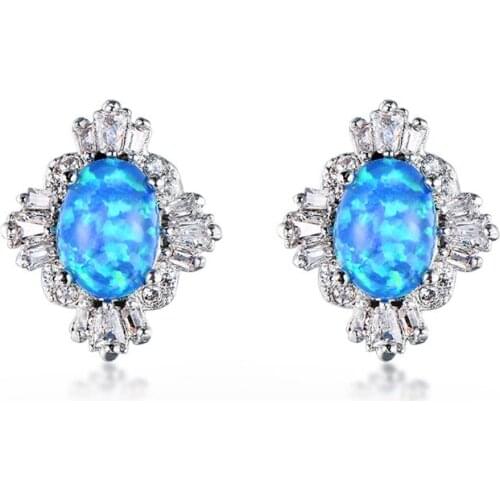 Bamos Elegant Blue Fire Opal Stud Earrings For Women Vintage Geometric Wedding Earrings Fashion White Gold Filled Jewelry