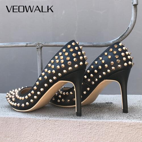 Veowalk All Gold Revits Women Sexy Pointed Toe High Heels Ladies Slip on Stiletto Pumps Shiny Studs Wedding Party Shoes Black