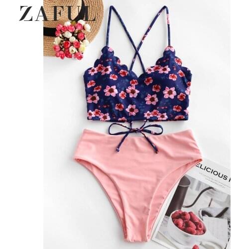 ZAFUL Floral Scalloped Crisscross Women Bikinis Set High Waisted Swimsuit Padded Spaghetti Straps Tie Swimwear Bathing Suit 2020