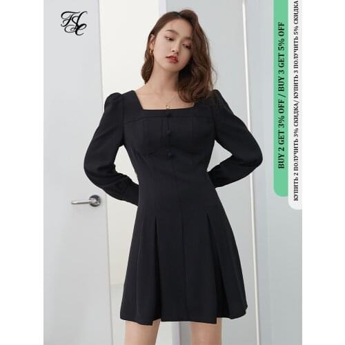 FANSILANEN Vintage Long Sleeve Short Black Dress Women Puff Sleeve Spring Summer Sexy Dress Female Slim Pleated Elegant Dresses