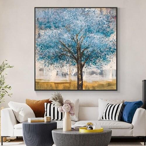 100% Hand Painted Blue Tree Painting Without Frame Modern Decorative Oil Painting Wall Art Pictures For Living Room Decoration