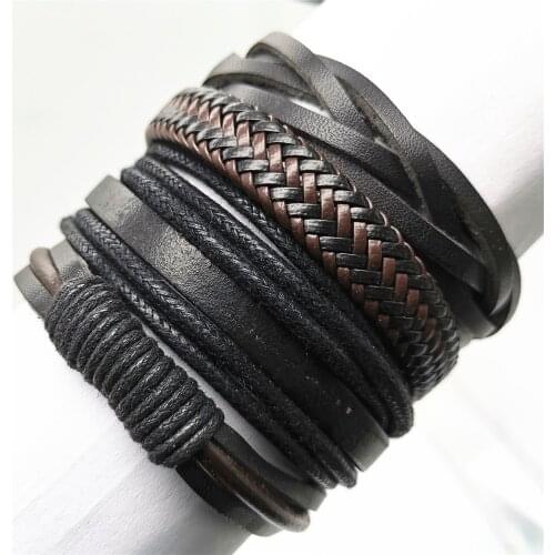 Brown Sunflower Rivet Black Wing Blade Beads Skull Leather Bracelets 4pcs/set Men Bracelets Women Fashion Jewelry Accessories