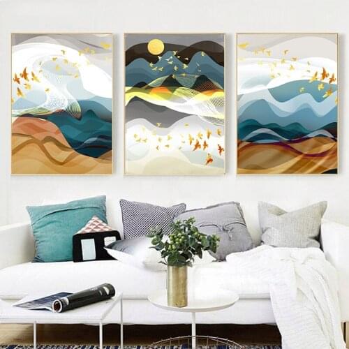 Abstract Geometric Sun Mountain Canvas Painting Posters Print Wall Art Pictures For Modern Living Room Bedroom Cafe Unique Decor
