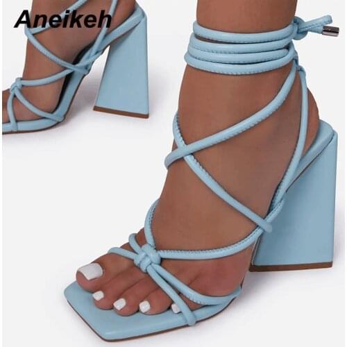 Aneikeh 2021 Summer Gladiator Women Shoes Sandalias De Las Mujeres Triangle Heel PU Fashion Narrow Band Wedding New Size 35-42