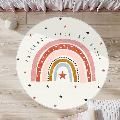 Beyaz Çocuk Odası Halısı pembe siyah sarı kalp yıldız gökkuşağı yuvarlak halı
