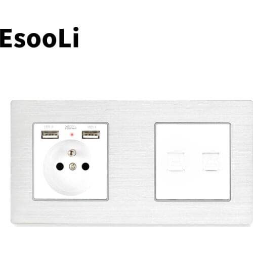 Esooli French White Aluminum Metal Panel Socket RJ11 Telephone Jack With RJ45 Data Computer Internet Connector Wall Socket