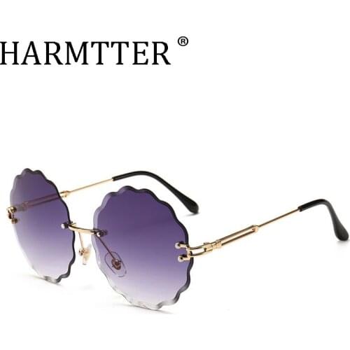HARMTTER Fashion Flight Style Sunglasses Women Brand Design Flower Round Rimless Gradient lens Sun Glasses Oculos male