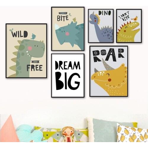 Kawaii Cartoon Dinosaur Wall Art Canvas Nursery Dream Big Poster Print Painting Nordic Decoration Picture Baby Boy Room Decor