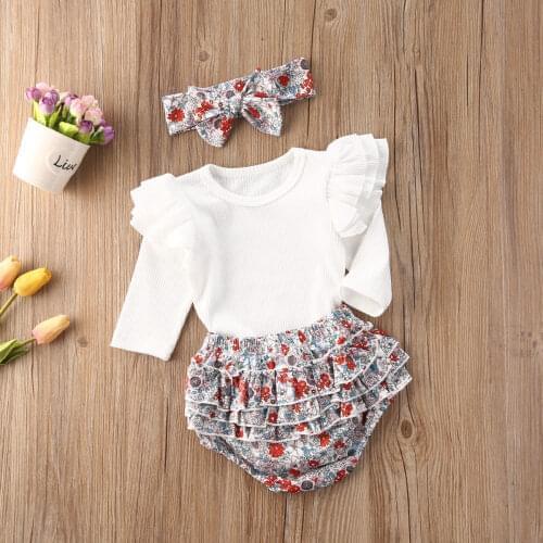 3Pcs New Autumn Winter Newborn Baby Girls Clothes Set Cotton Princess Ruffle Long Sleeve Jumpsuit+Shorts+Headband Infant Outfit