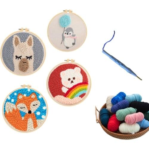 Cartoon Animal DIY Punch Needle Embroidery Kit with Hoop Needlework Cross Stitch For Beginner Sewing Art Painting Home Decor