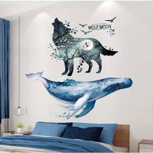 [shijuekongjian] Fish Wall Stickers DIY Wolf Animal Wall Decals for House Kids Rooms Baby Bedroom Children Nursery Decoration