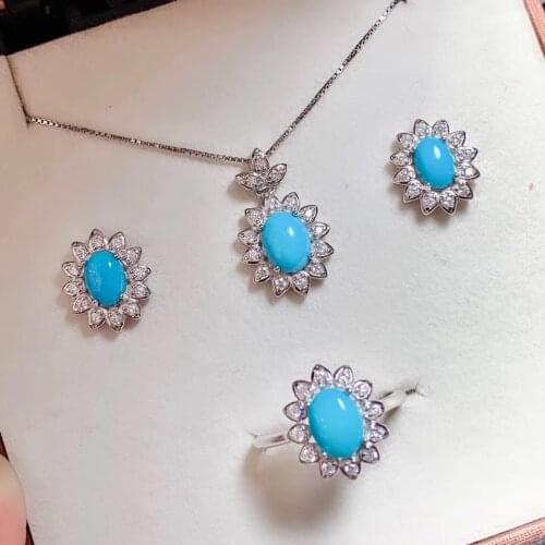 New Arrival Natural Real Turquoise Jewelry set 925 sterling silver 1pc Ring,1pc Pendant,2pcs Earring