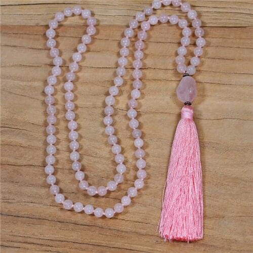 Rose Beaded 108 Mala Necklace BOHO Meditation Necklace Knotted Long Tassel Necklace Handmade fine Jewelry Dropshipping