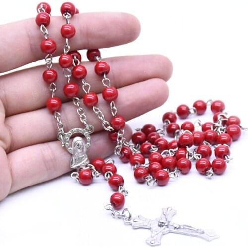 6mm Red Religious Rosary Beads Plastic Fashion Cross Cathol Women Cross Jewelry Pendant Necklace 1PC