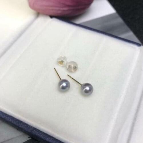 Gorgeous 5-5.5mm Japan nature round Akoya silver gray pearl earring 18k gold
