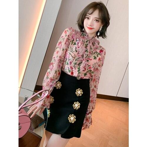 Ear collar, flared sleeve, ruffle print, versatile shirt, womens wear 2021 Spring new High Quality Top Quality