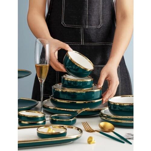 Green blue Phnom Penh ceramic tableware set with gold porcelain dessert plate steak dessert cake plate salad soup rice bowl