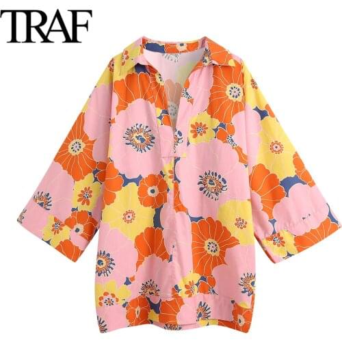Traf Za Women Clothing 2021 Spring Autumn Long Sleeve Blouses Street Chic Loose Shirts Floral Print Poplin Ladies Tops