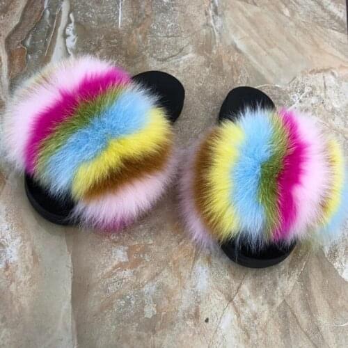 Women Furry Slippers Real Fox Fur Slides Women SlipFox Hair Sandals Ladies Fur Slippers Indoor Flat Shoes Woman