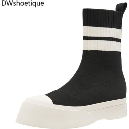 Platform round toe knitting women short boots casual outside slip on ankle boots