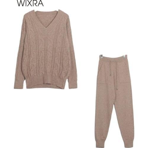 Wixra Women Tracksuit V Neck Long Sleeve Sweater And Loose Trousers Autumn Winter Female Solid Knitted 2 Piece Pullover Set