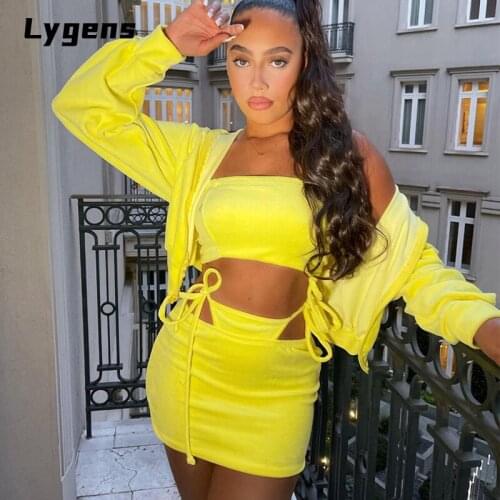 Lygens Women Yellow Velvet Long Sleeve Zipper Coats Tube Lace Up Mini Skirt 3 Pieces Set 2021 Autumn Winter Tracksuit Outfits