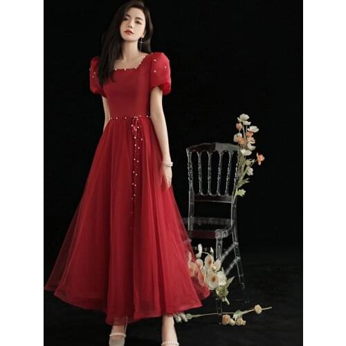 Evening Dress Simple Square Collar Short Sleeves Empire A-Line Elegant Burgundy New Ankle-Length Woman Formal Party Gowns A1454
