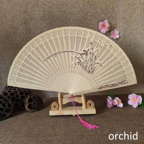 1Pcs Hand-made Antique Craft Fan Vintage Hollow Incense Wood Lady Folding Fans Chinese Style Wood Carving Printing Decoration