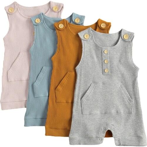 2021 0-18M Infant Baby Boy Girl Romper Summer Outfit Button Solid Color Sleeveless Knitted Jumpsuit With Pocket One Piece