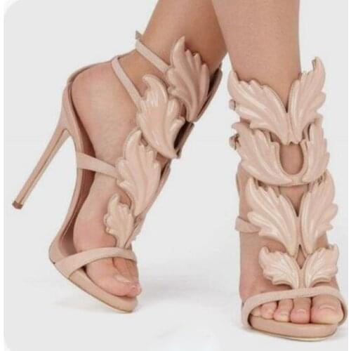 Metal plated Bling Leafs Winged Stiletto Heel Sandals Gladiator Patent Leather Straps Buckle High Heel Women Boutique Shoes