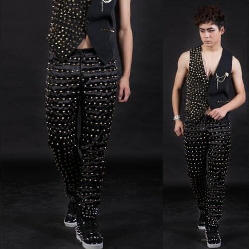 Black Singer Golden rivets Hedgehog 1 pu leather pants men 1 pants man stage trousers faux leather pants Provide custom