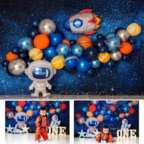 Space Theme Backdrop Astronaut Rocket Planet Galaxy Balloons Kids 1st Cake Smash Birthday Photography Background Photo Studio