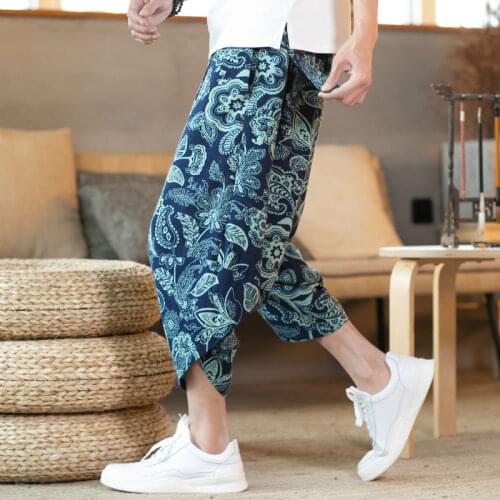 Unisex Japanese Kimono Haori Pants Men Kimono Asian Yukata Ukiyo Wave Print Casual Elastic Cartoon Leisure Loose Harem Trousers