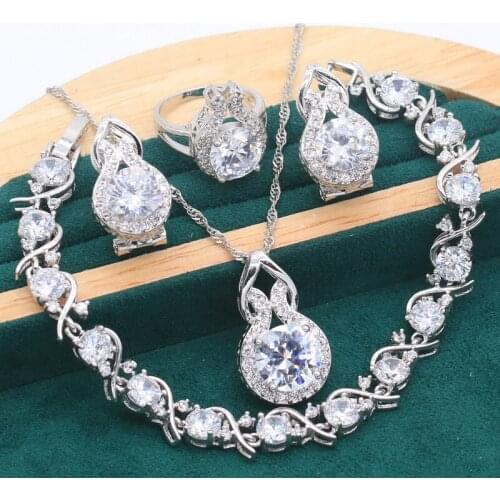 Classic 925 Silver Jewelry Sets For Women White Zircon Bracelet Earrings Necklace pendant Ring Free Christmas Gift Box 4PCS