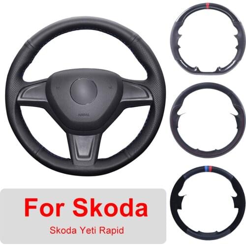 DIY Leather Car Steering Wheel Cover For Skoda Yeti 2014 2015 2016 Rapid 2015 Auto Interior Customized Steering Wheel Wrap