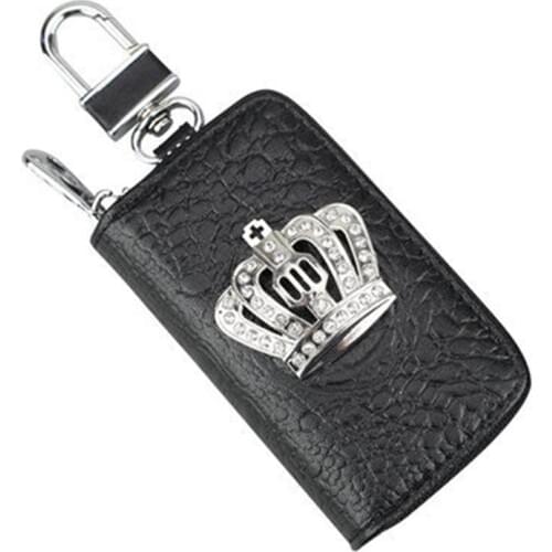 Leather Crystal Crown Car Key Case Key Organizer Storage Bag Brief Zipper Auto Key Holder Covers Drivers License Bag