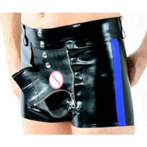 Handmade Rubber Boxer Fetish Latex Men Tight Shorts with Zipper Front Flat Codpiece Black with Blue Customized Size