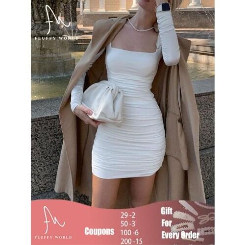 New Solid Pleated Puff-Sleeve Ruched Dress Square Collar Sexy Dresses Party Long Sleeve Elegent Ladies Streetwear for Women