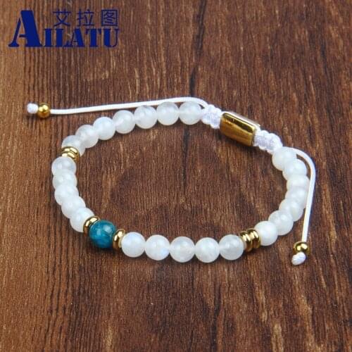 New 6mm Natural Moonstone Braiding Bracelet for Women & Girl Stainless Steel Logo Jewelry