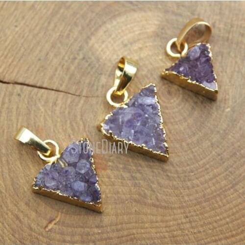 H-AMD38 Raw Druzy Amethysts Pendant Druzy Cluster Triangle Pendant with Gold Color Approx 45mm-50mm