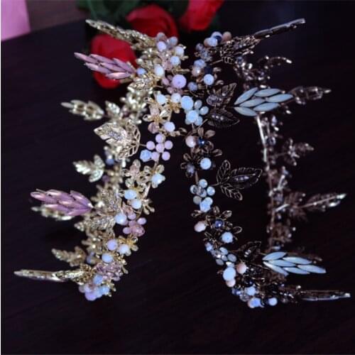 Luxury Bridal Hair Jewelry Colorful Plant Leaf Flower Tiara Baroque Queen King Crown Purple Crystal Tiaras Gold Wedding Crowns
